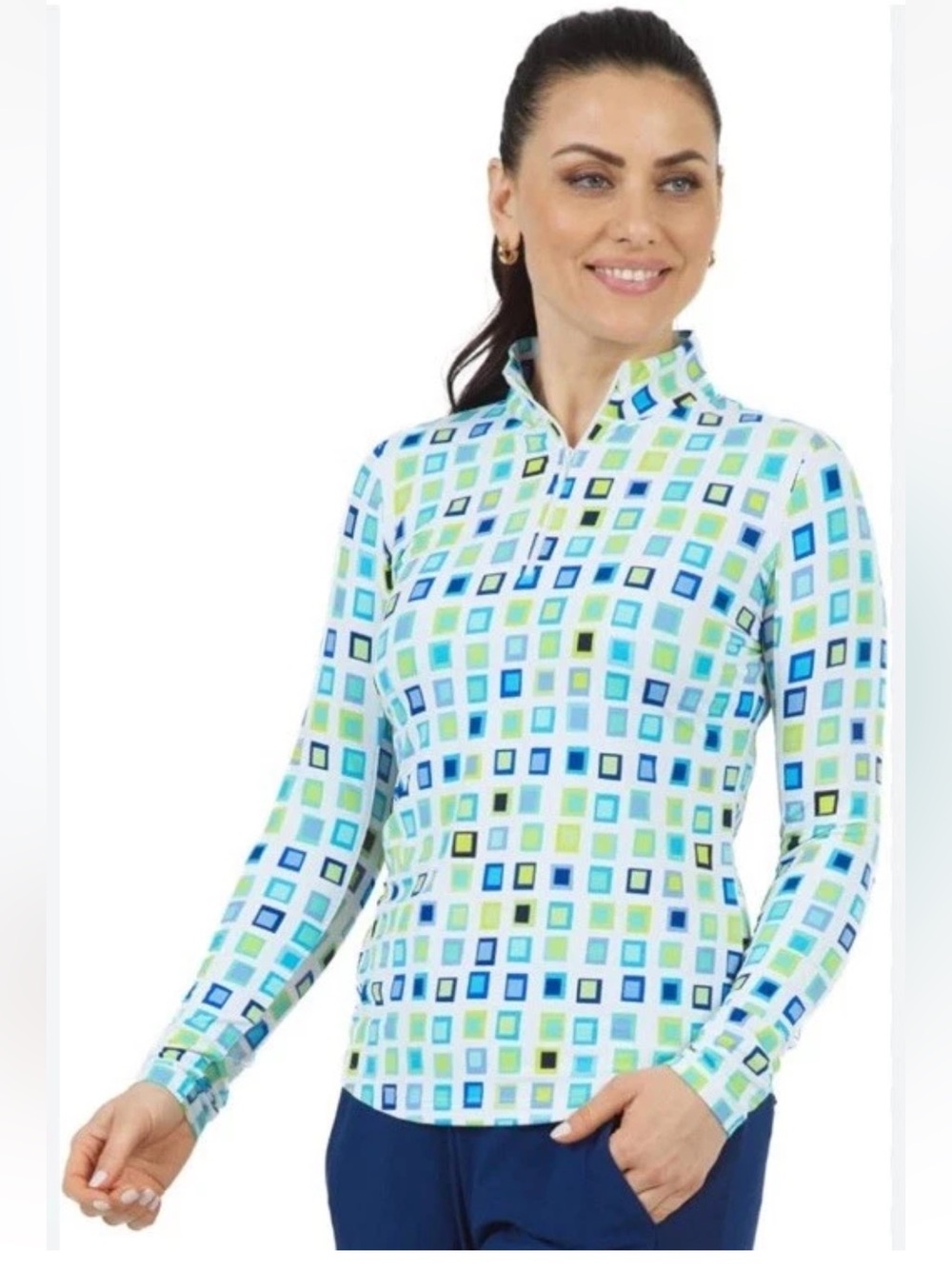 IBKUL Eloise Women's Long-Sleeve Quarter-Zip Top - White, Blue & Green